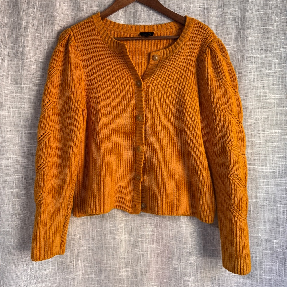 Talbots Ribbed Puff Sleeve Chunky Knit Long Sleeve Cardigan Sweater Size Large